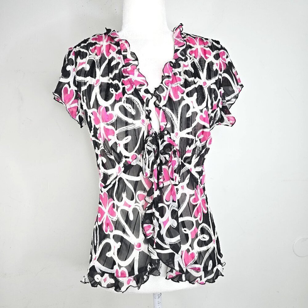 Y2K Notations Petite Pink Floral Crinkle Ruffle Tie Front CArdigan Top